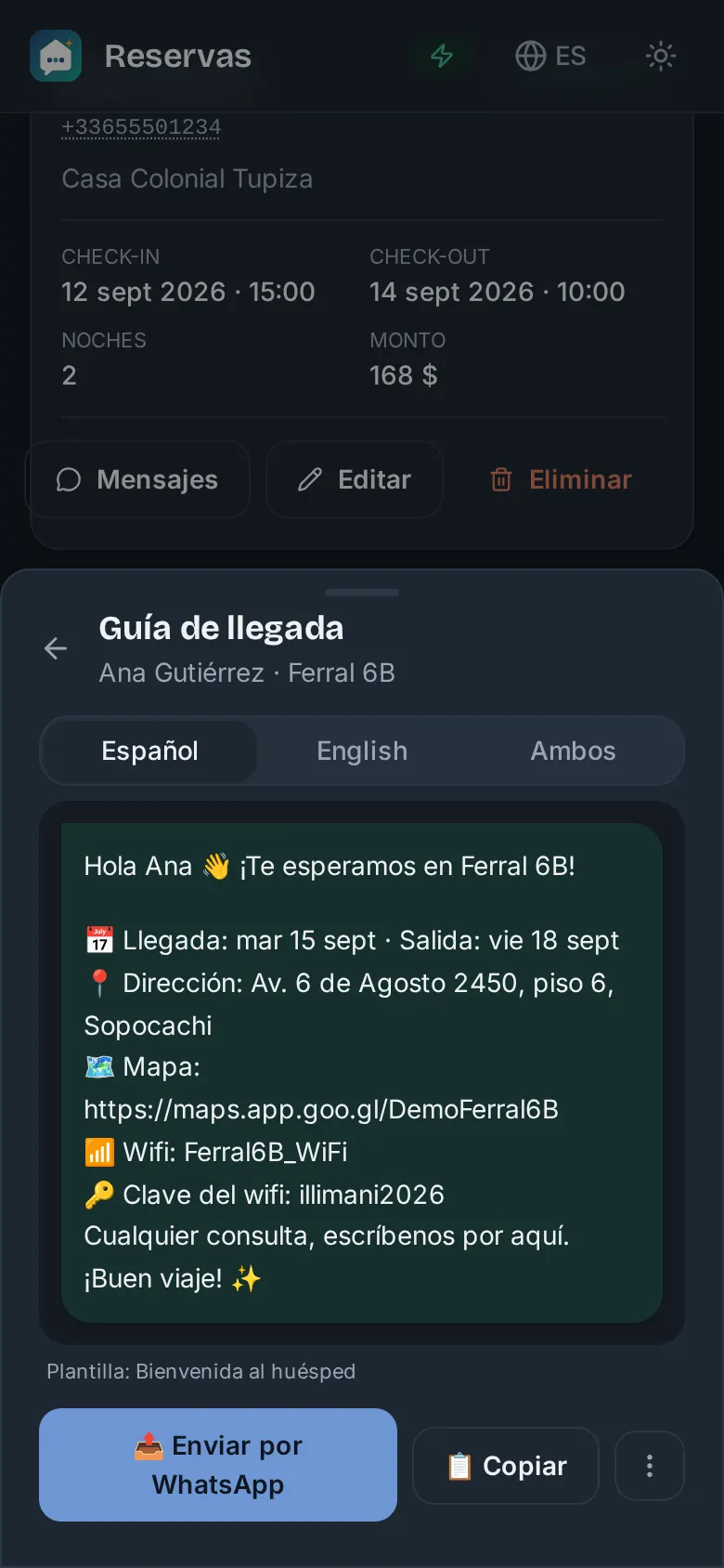 Guía de llegada para Ana Gutiérrez lista para enviar por WhatsApp, con selector Español, English o Ambos