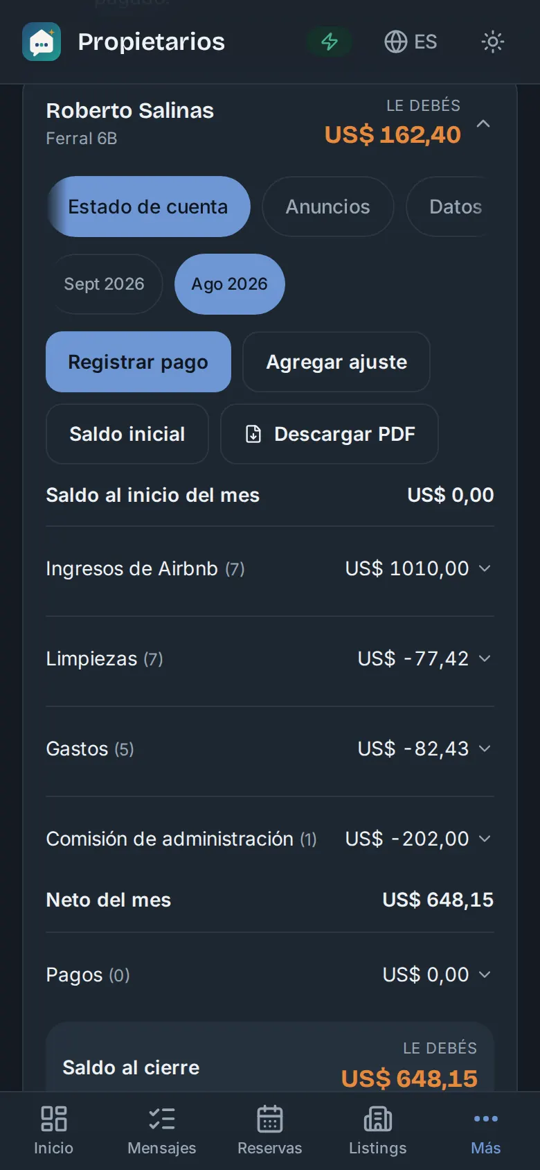 Estado de cuenta mensual de un propietario con ingresos, limpiezas, gastos, comisión y saldo