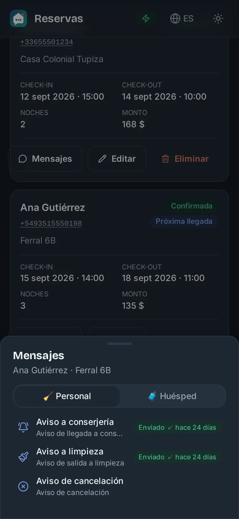 Reserva de Ana Gutiérrez en Ferral 6B con los avisos ya enviados a conserjería y limpieza