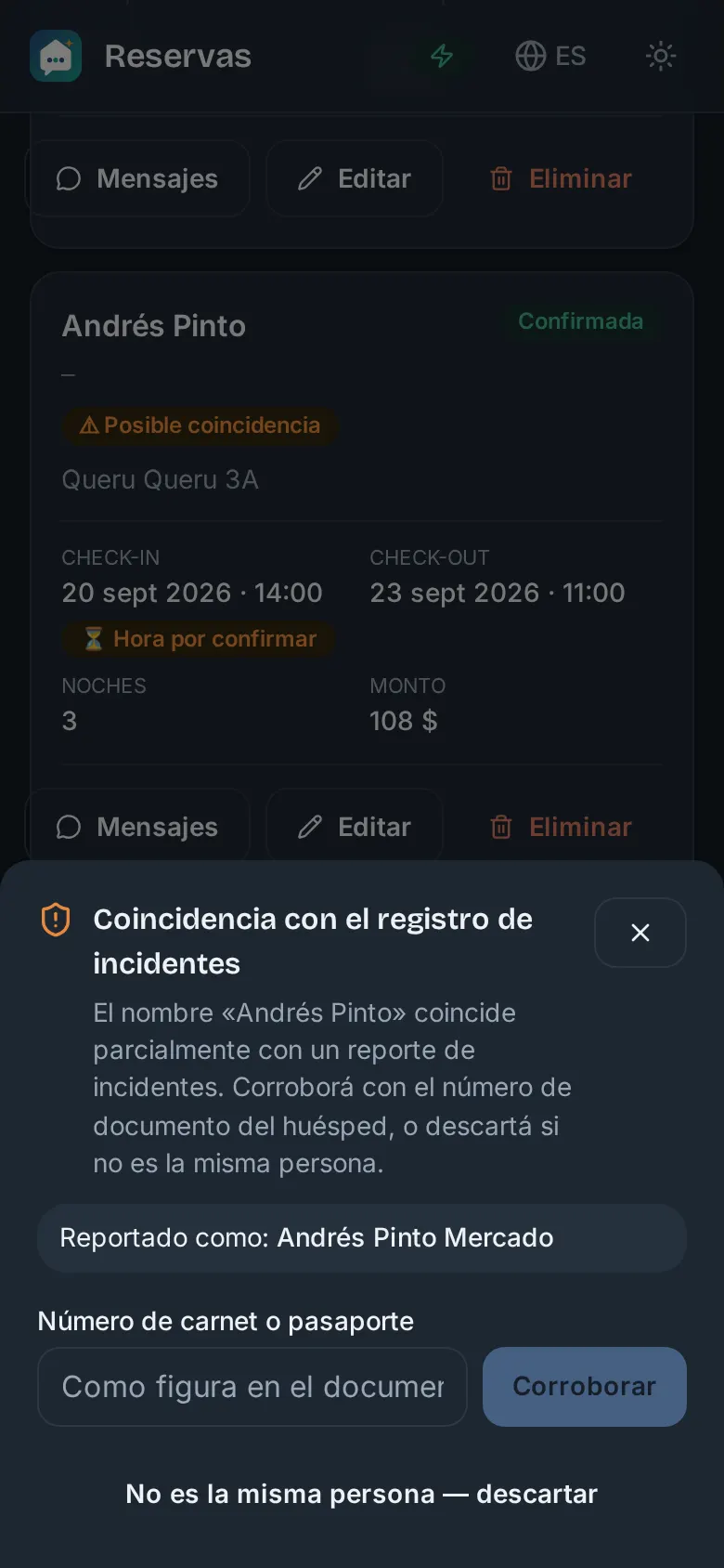 Reserva de Andrés Pinto marcada como posible coincidencia con el registro de incidentes, con el panel para corroborar con el documento